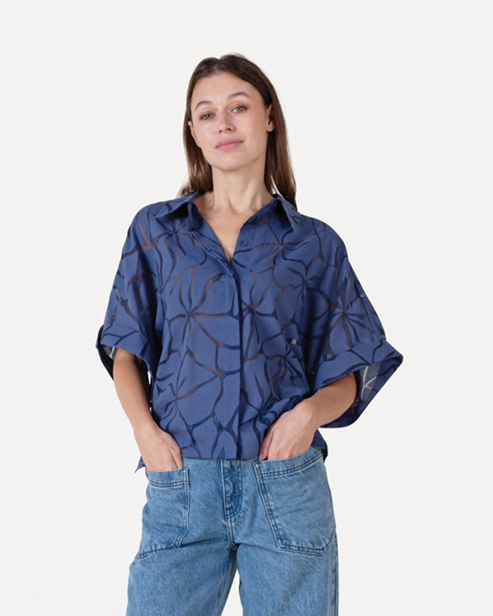 Another Label Luca Flower Shirt Ss Blauw Dames