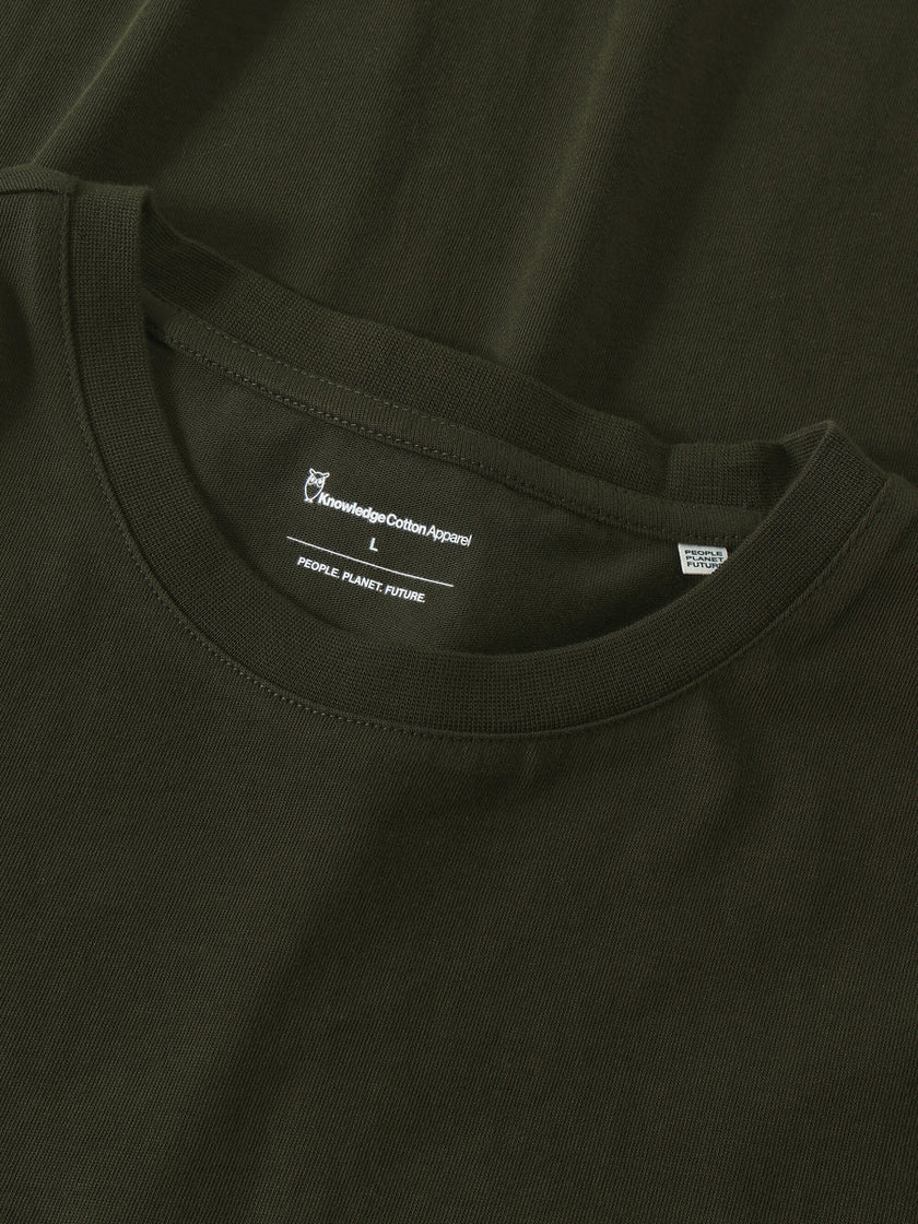 Knowledge Cotton Chest Embroidery T-shirt Donkergroen Heren