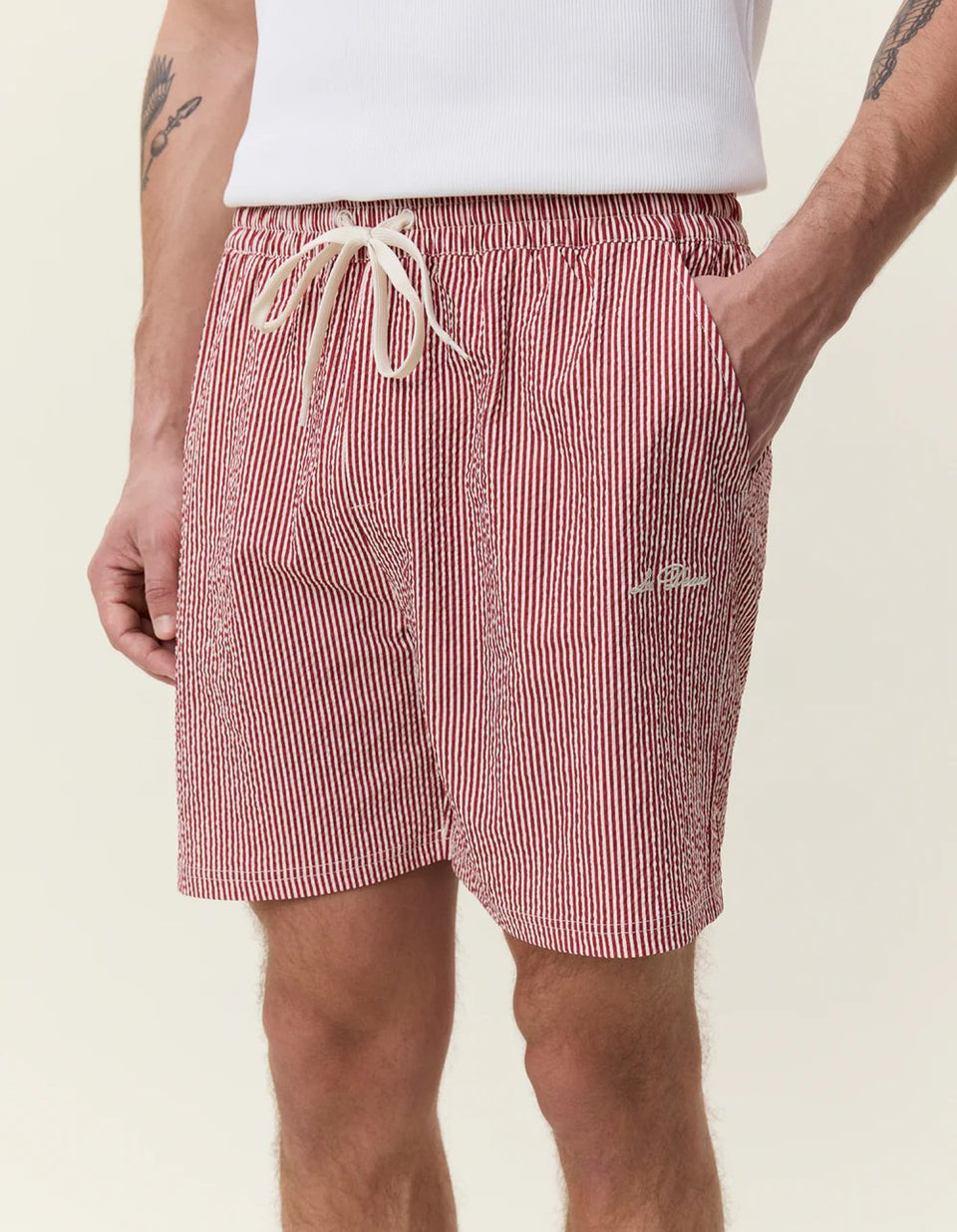Les Deux Stripe Seersucker Swimshort Rood Heren