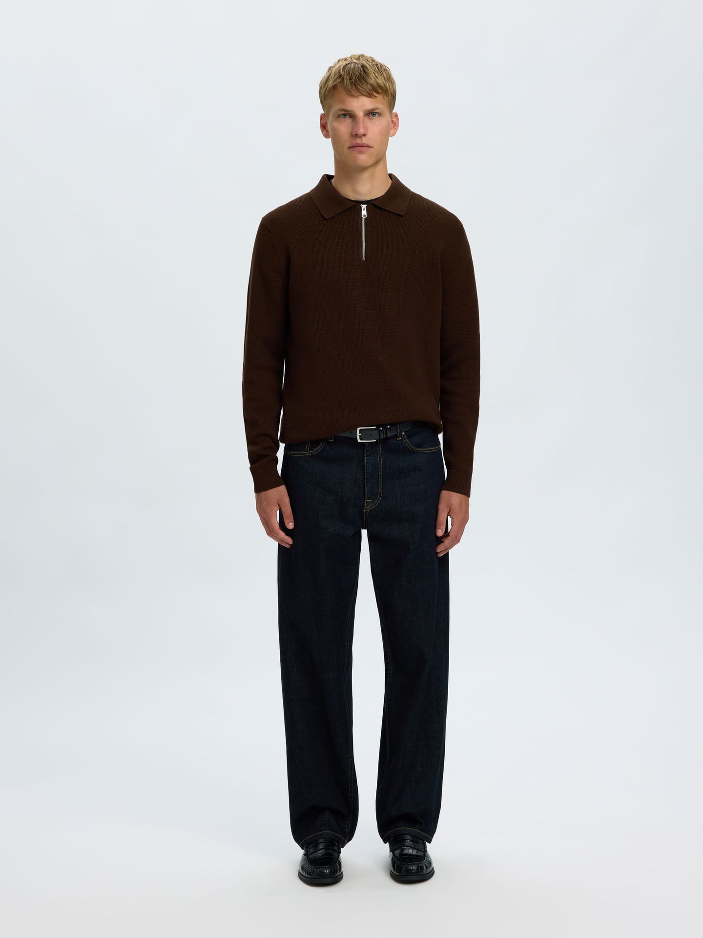 Dane ls knit stuc half zip polo