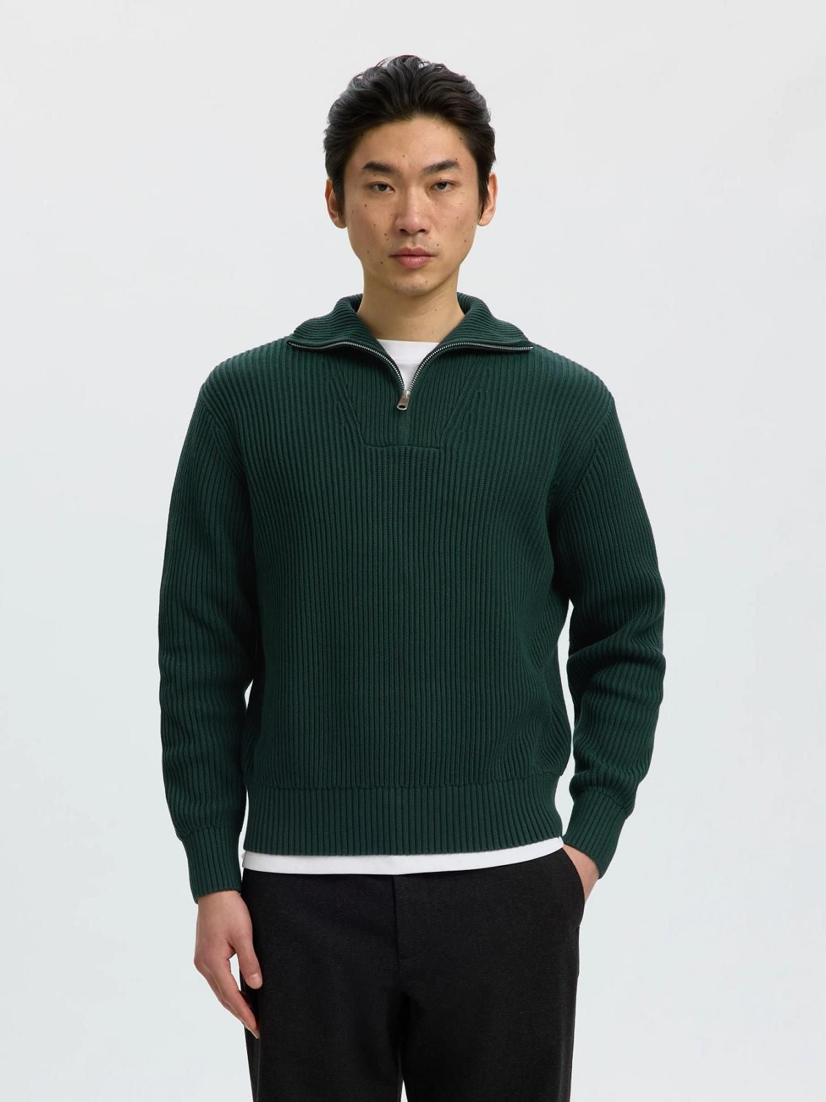 Selected Dry Ls Knit Half Zip Donkergroen Heren