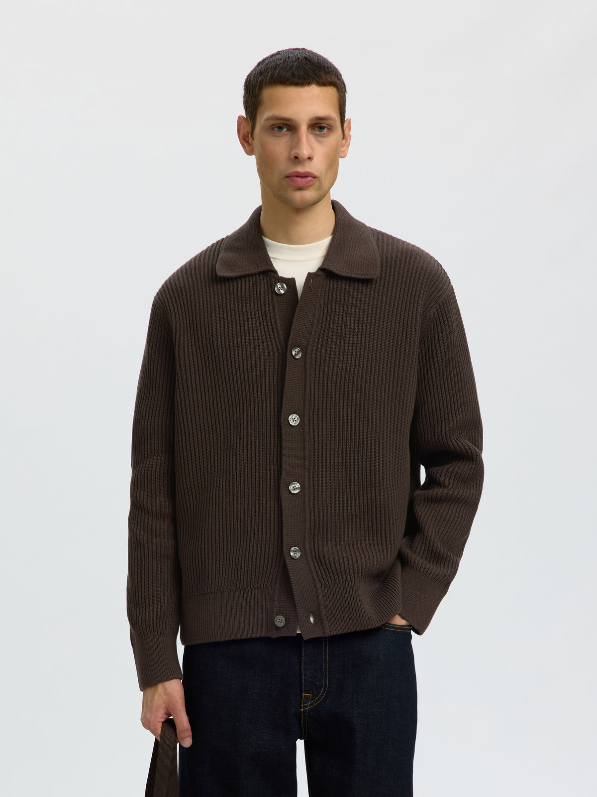 Selected Dry Ls Rib Polo Cardigan Donkerbruin Heren