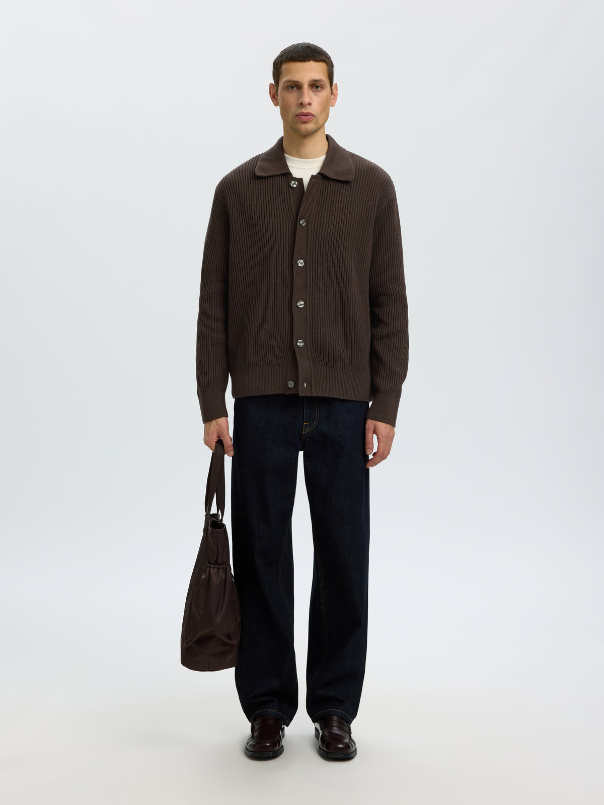 Selected Dry Ls Rib Polo Cardigan Donkerbruin Heren
