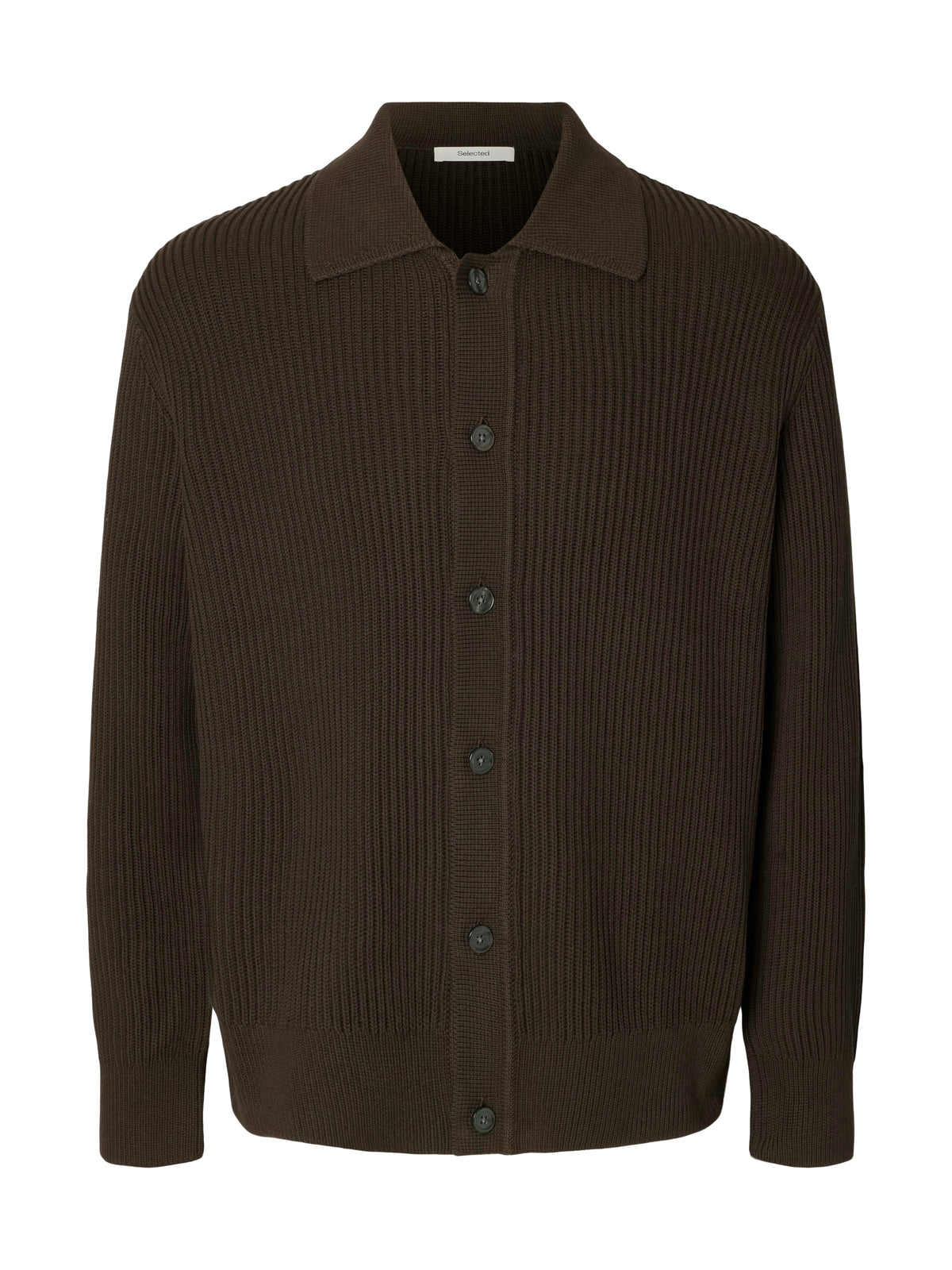 Selected Dry Ls Rib Polo Cardigan Donkerbruin Heren