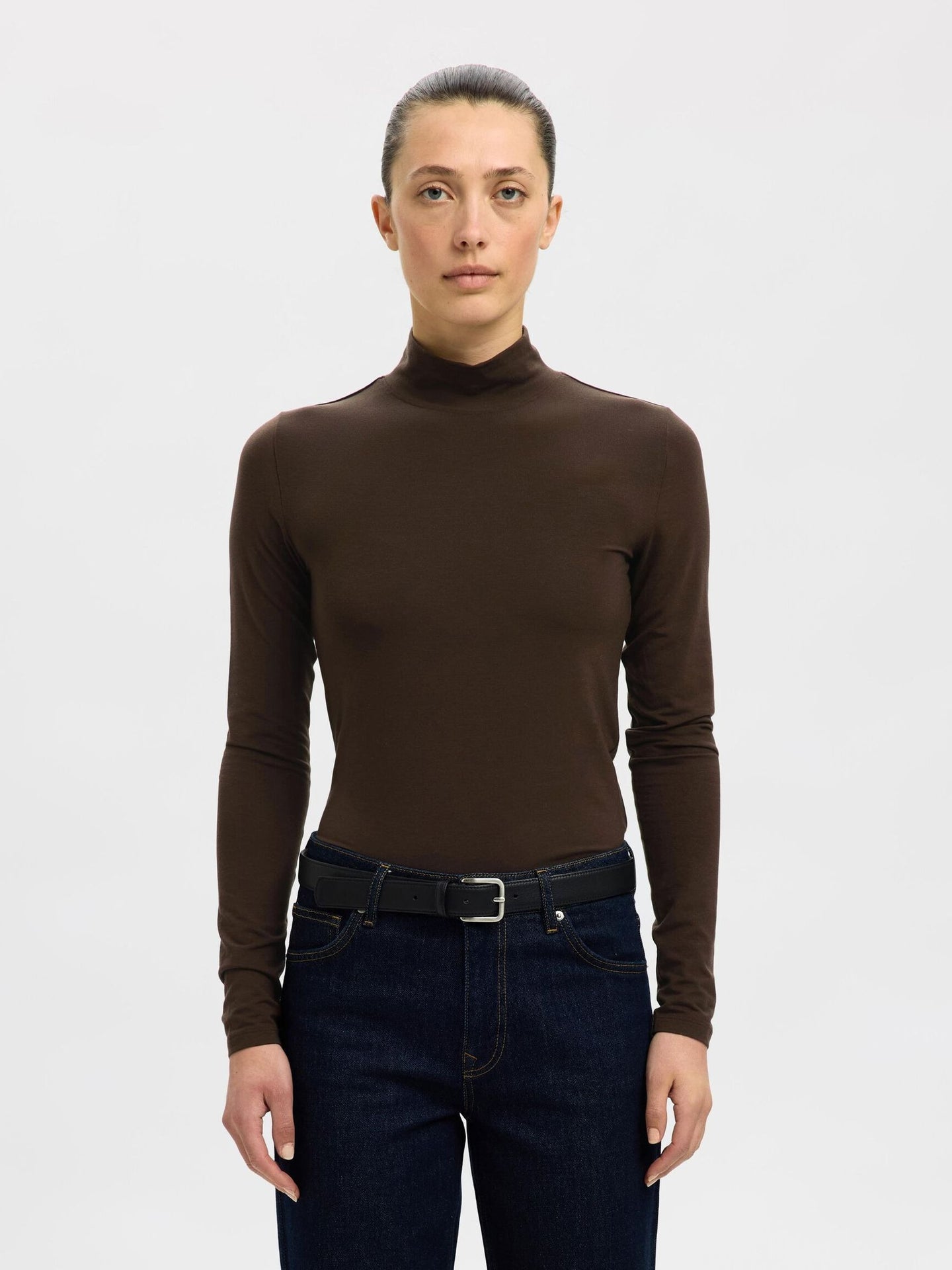 Selected Femme Manja Ls High Neck Top Donkerbruin Dames