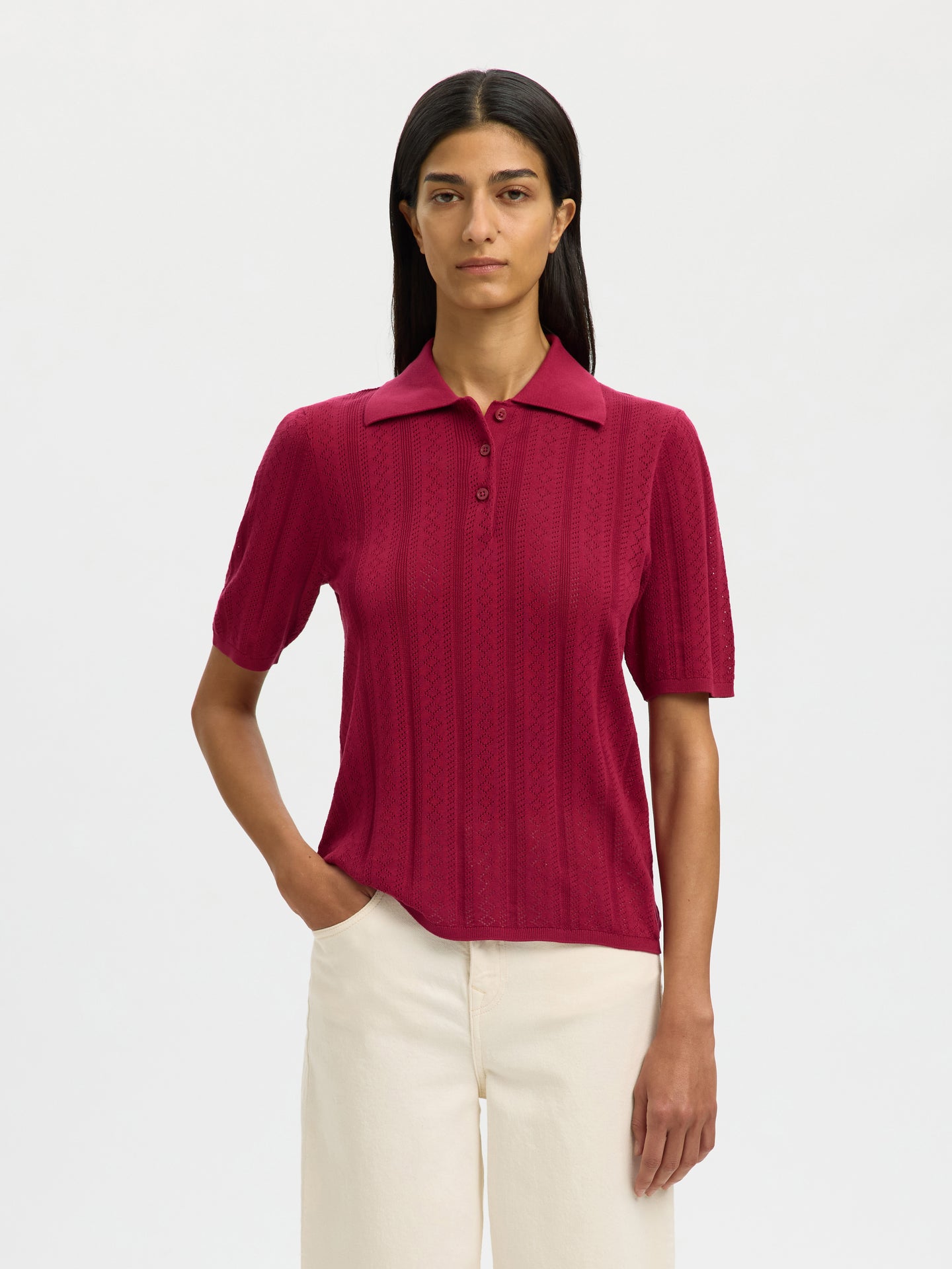 Selected Femme Toledo Structure 2/4 Knit Polo Roze Dames