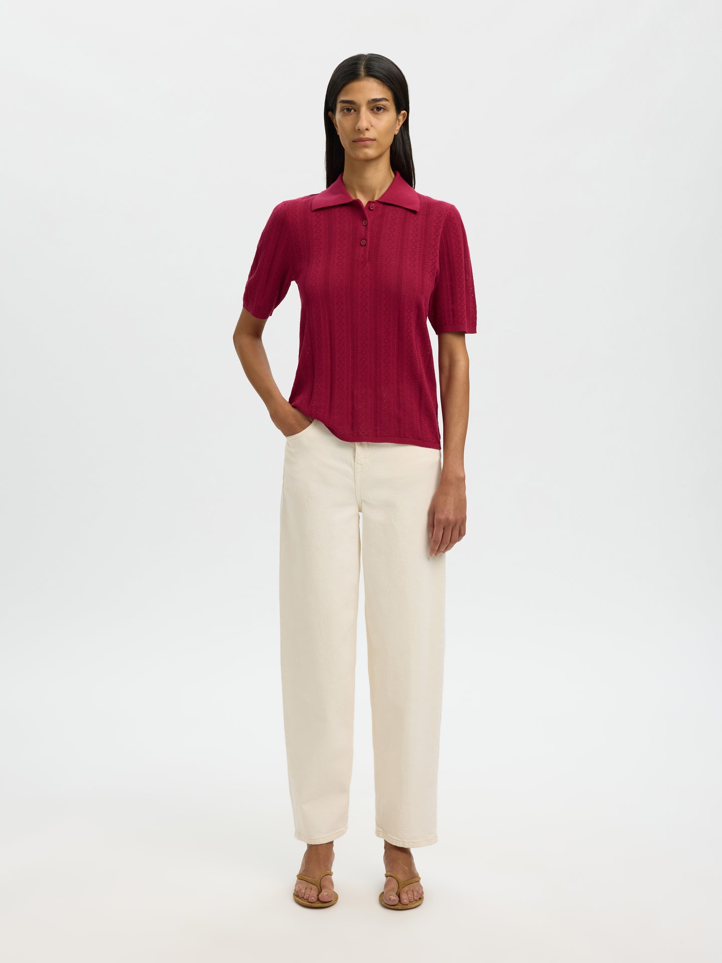 Selected Femme Toledo Structure 2/4 Knit Polo Roze Dames