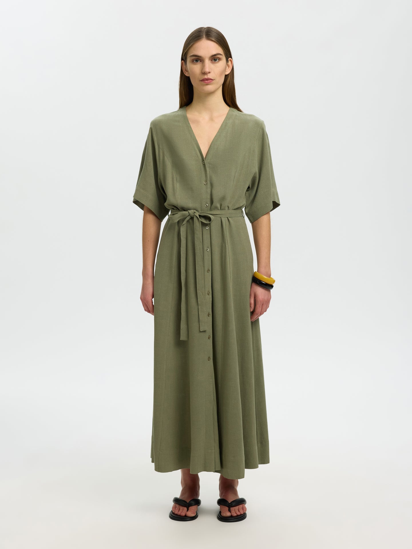 Selected Femme Viva Regular Linen Blend Dress Groen Dames