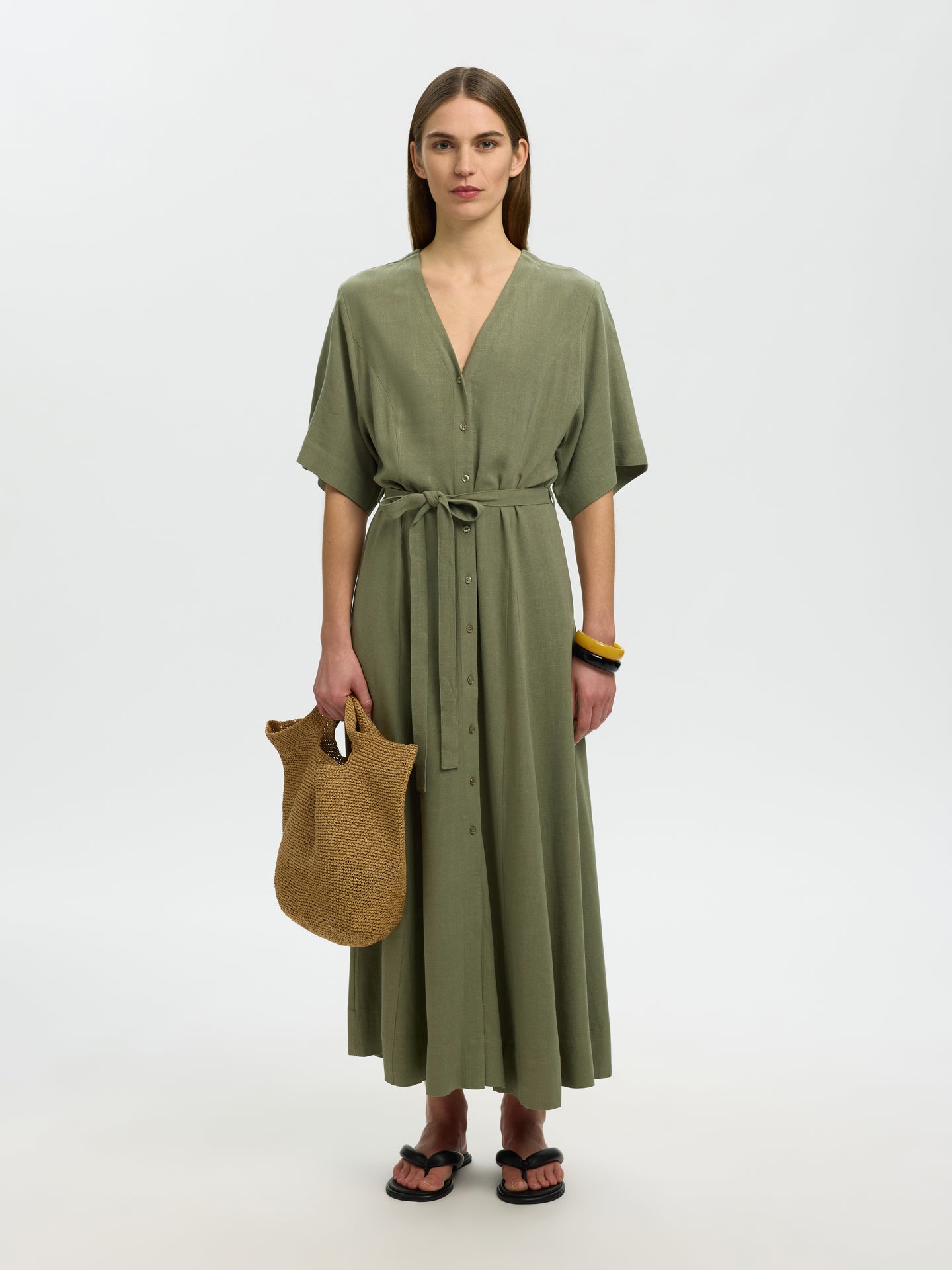 Selected Femme Viva Regular Linen Blend Dress Groen Dames