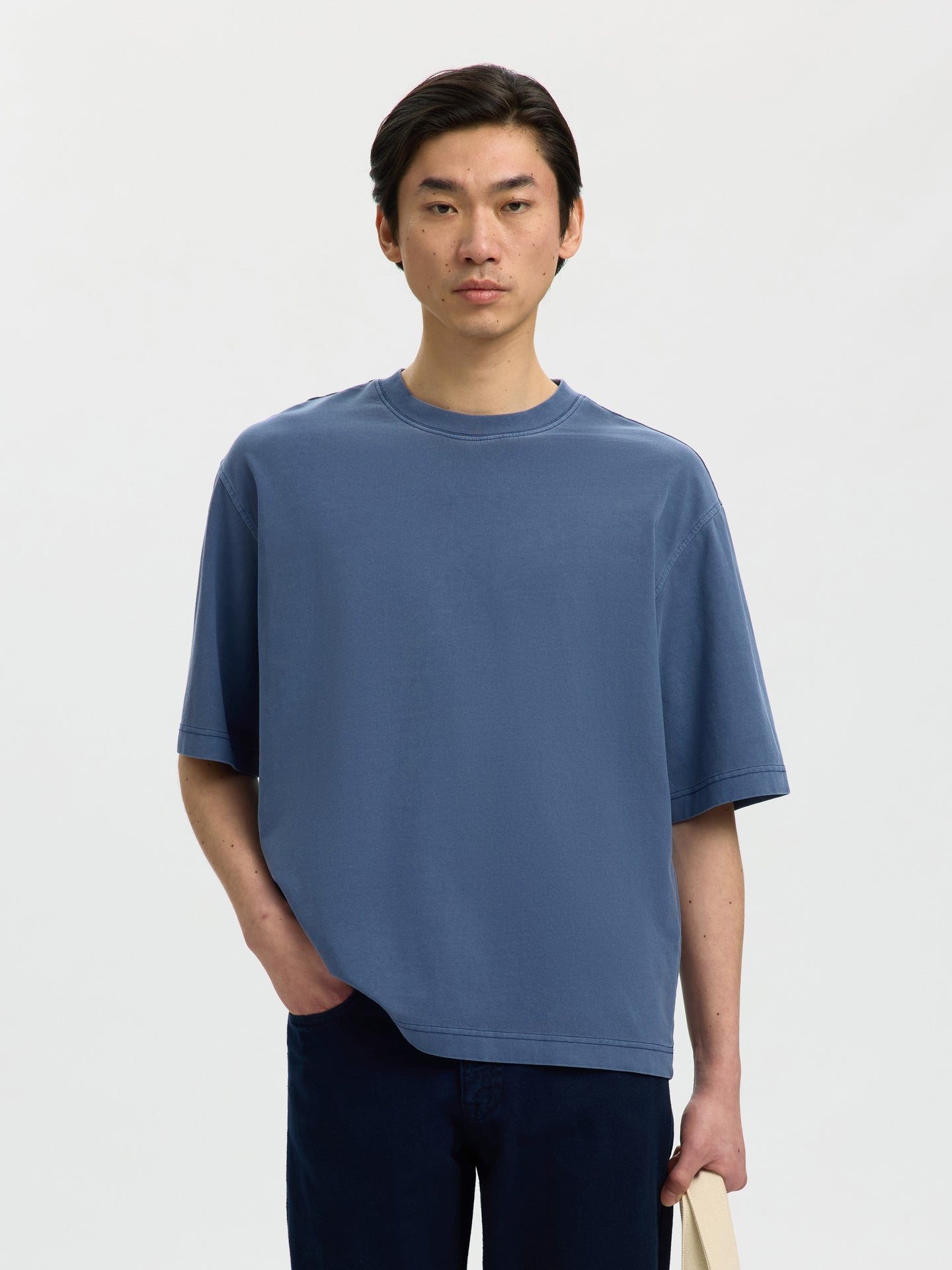 Selected Homme Boxy Cory Ss Oneck Tee Blauw Heren