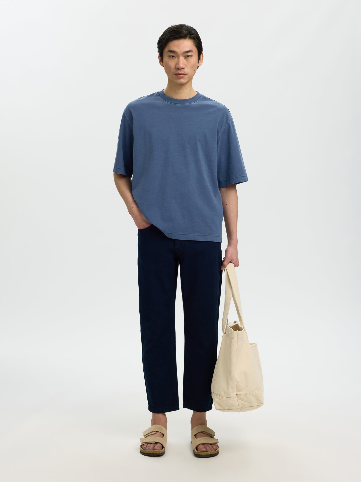 Selected Homme Boxy Cory Ss Oneck Tee Blauw Heren