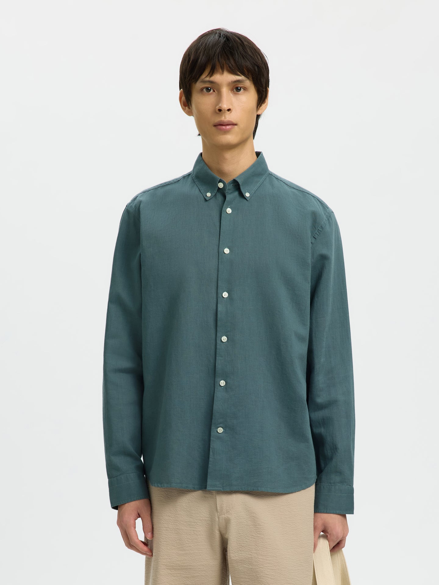 Selected Homme Reg Clay Linen Blend Ls Shirt Groen Heren