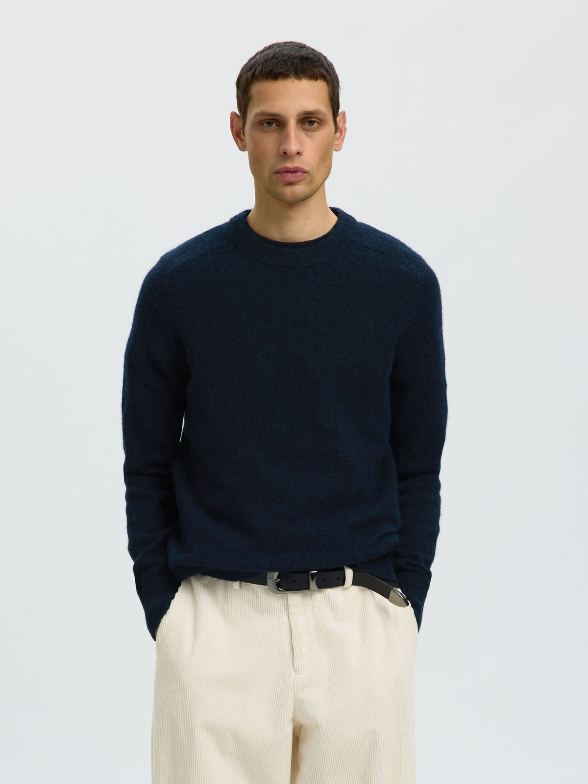 Selected Rai Ls Knit Crew Neck Donkerblauw Heren
