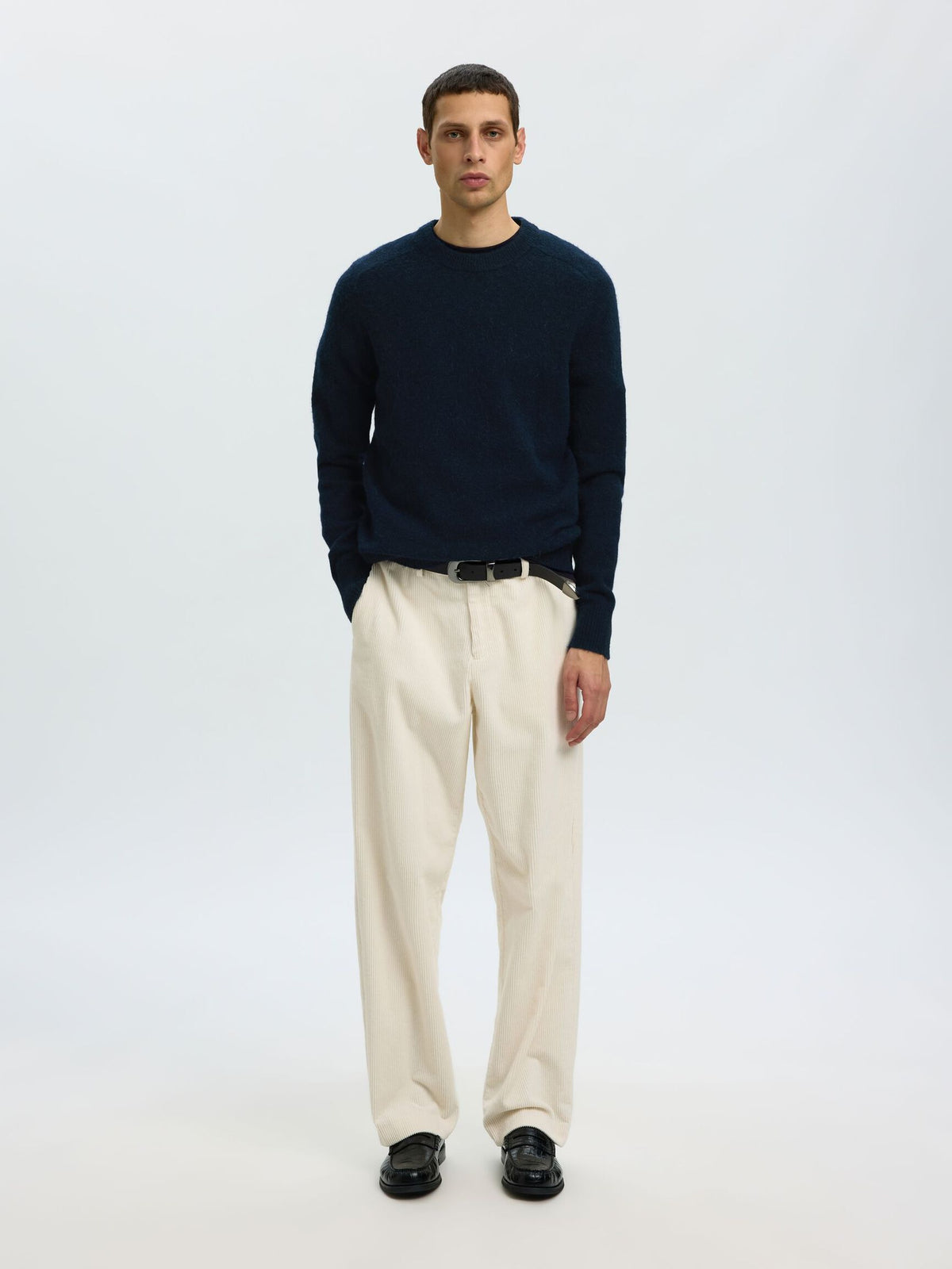 Selected Rai Ls Knit Crew Neck Donkerblauw Heren