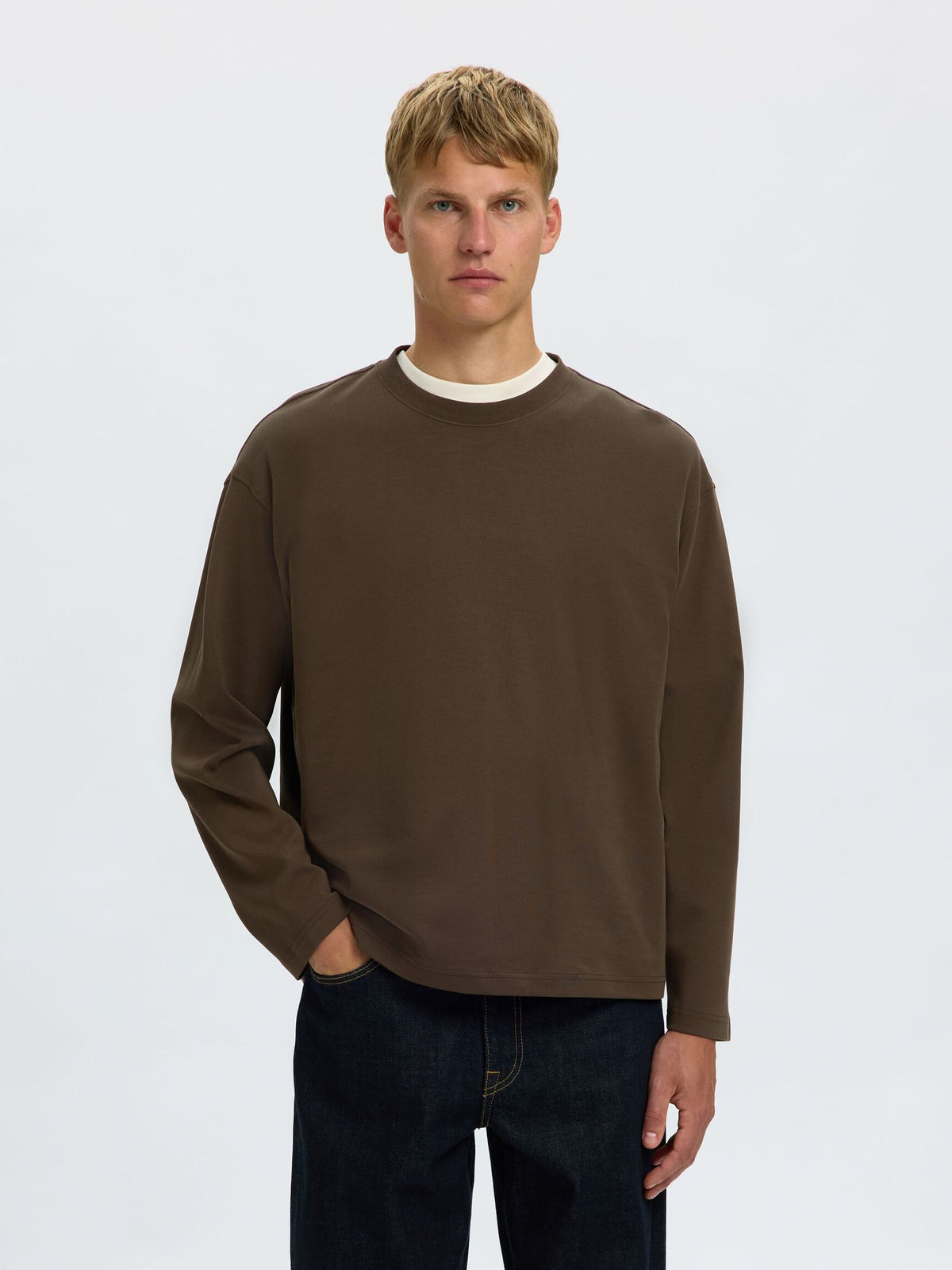 Selected Taj Heavy Ls Oneck Tee Donkerbruin Heren