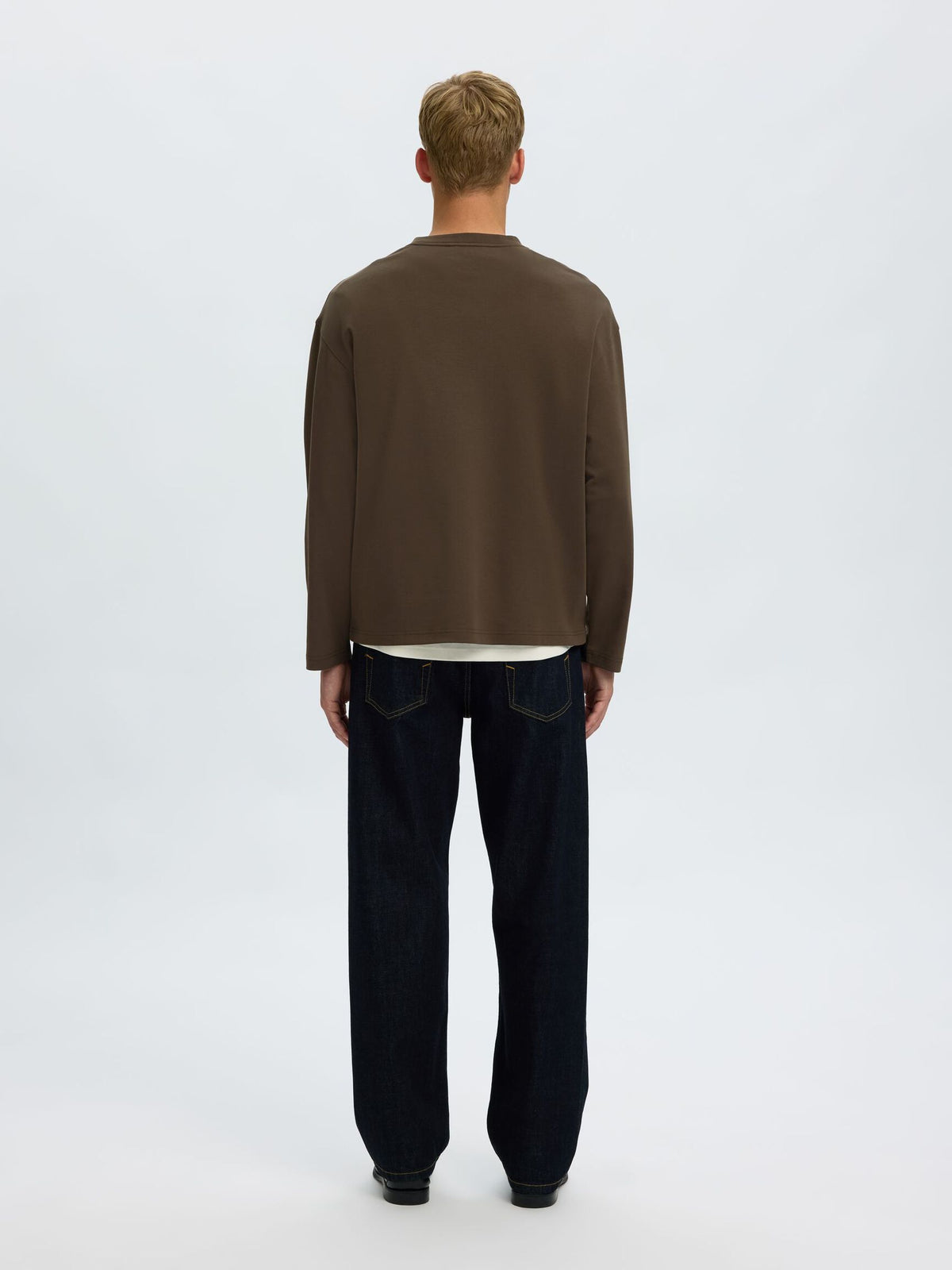 Selected Taj Heavy Ls Oneck Tee Donkerbruin Heren