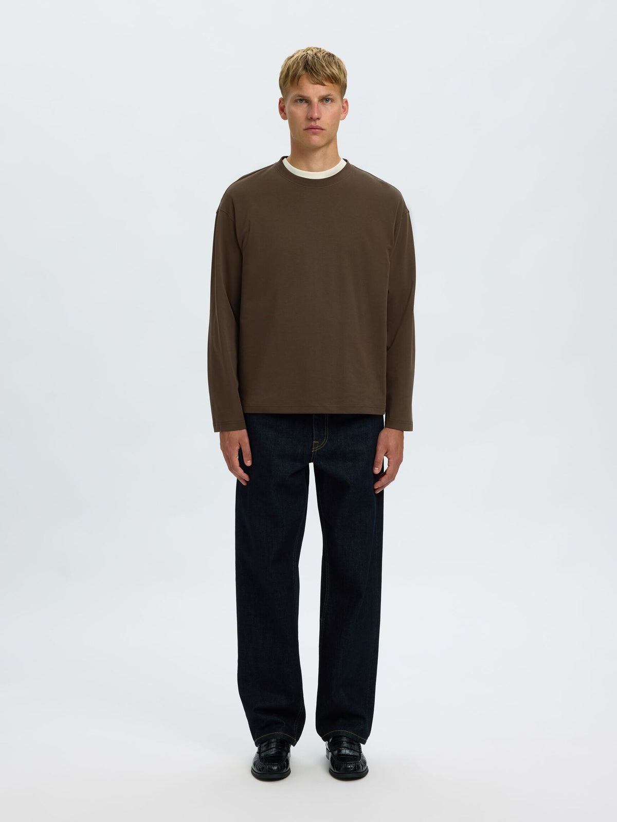 Selected Taj Heavy Ls Oneck Tee Donkerbruin Heren