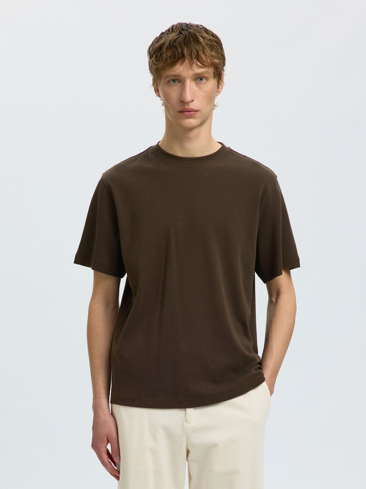 Selected Taj Peach Ss Oneck Tee Donkerbruin Heren
